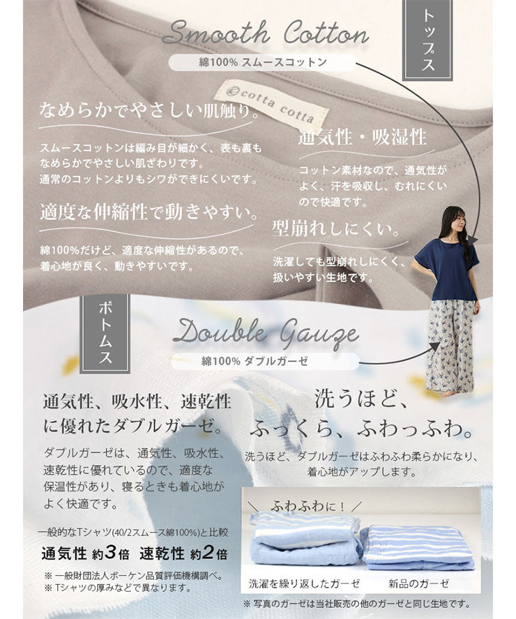 レディース ルームウェア 長袖 半袖 綿100% スムースコットン ダブルガーゼ 綿 コットン ワンマイルウェア ワイドワンツ パジャマ f00467