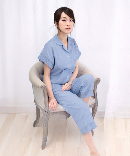 レディース 前開き パジャマ 半袖 夏 [綿100%ダブルガーゼ] f00366
