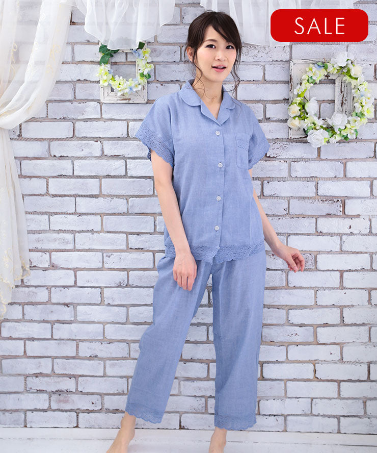 レディース 前開き パジャマ 半袖 夏 [綿100%ダブルガーゼ] f00366