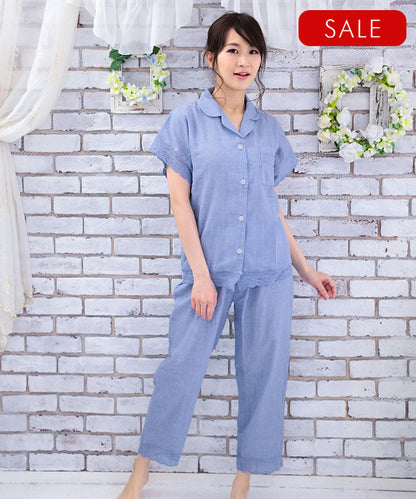 レディース 前開き パジャマ 半袖 夏 [綿100%ダブルガーゼ] f00366