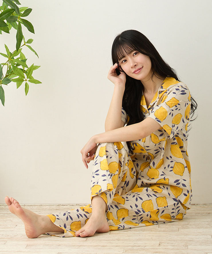 レディース パジャマ 半袖 長ズボン 綿 コットン 前開き 夏 M L [綿100%ダブルガーゼ] f00367