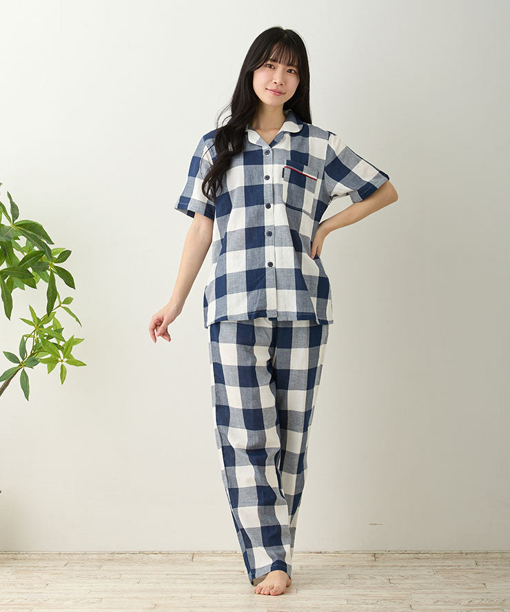 レディース パジャマ 半袖 長ズボン 綿 コットン 前開き 夏 M L [綿100%ダブルガーゼ] f00367