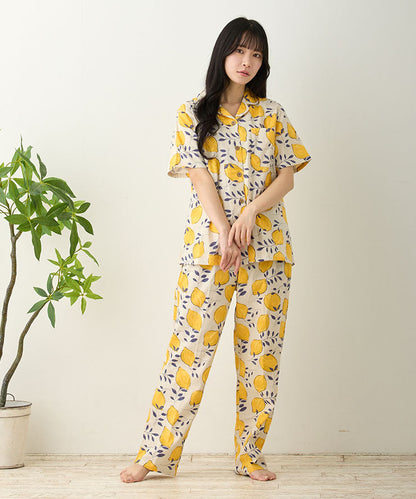 レディース パジャマ 半袖 長ズボン 綿 コットン 前開き 夏 M L [綿100%ダブルガーゼ] f00367