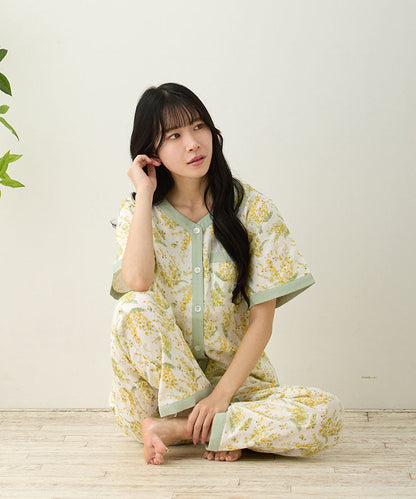 レディース パジャマ 半袖 長ズボン 綿 コットン 前開き 夏 M L [綿100%ダブルガーゼ] f00367