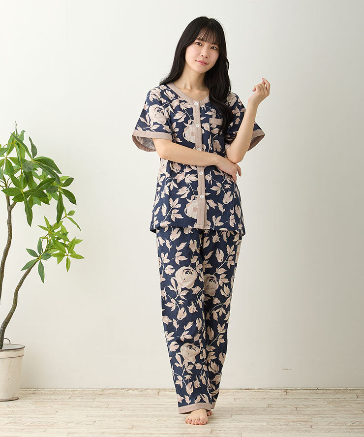 レディース パジャマ 半袖 長ズボン 綿 コットン 前開き 夏 M L [綿100%ダブルガーゼ] f00367