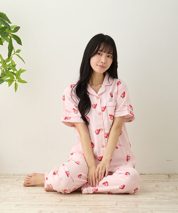 レディース パジャマ 半袖 長ズボン 綿 コットン 前開き 夏 M L [綿100%ダブルガーゼ] f00367