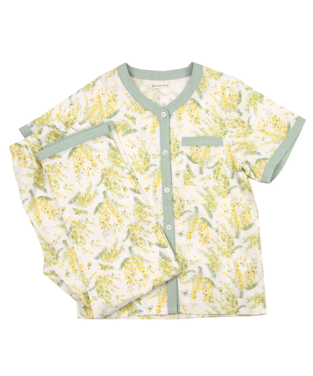 レディース パジャマ 半袖 長ズボン 綿 コットン 前開き 夏 M L [綿100%ダブルガーゼ] f00367