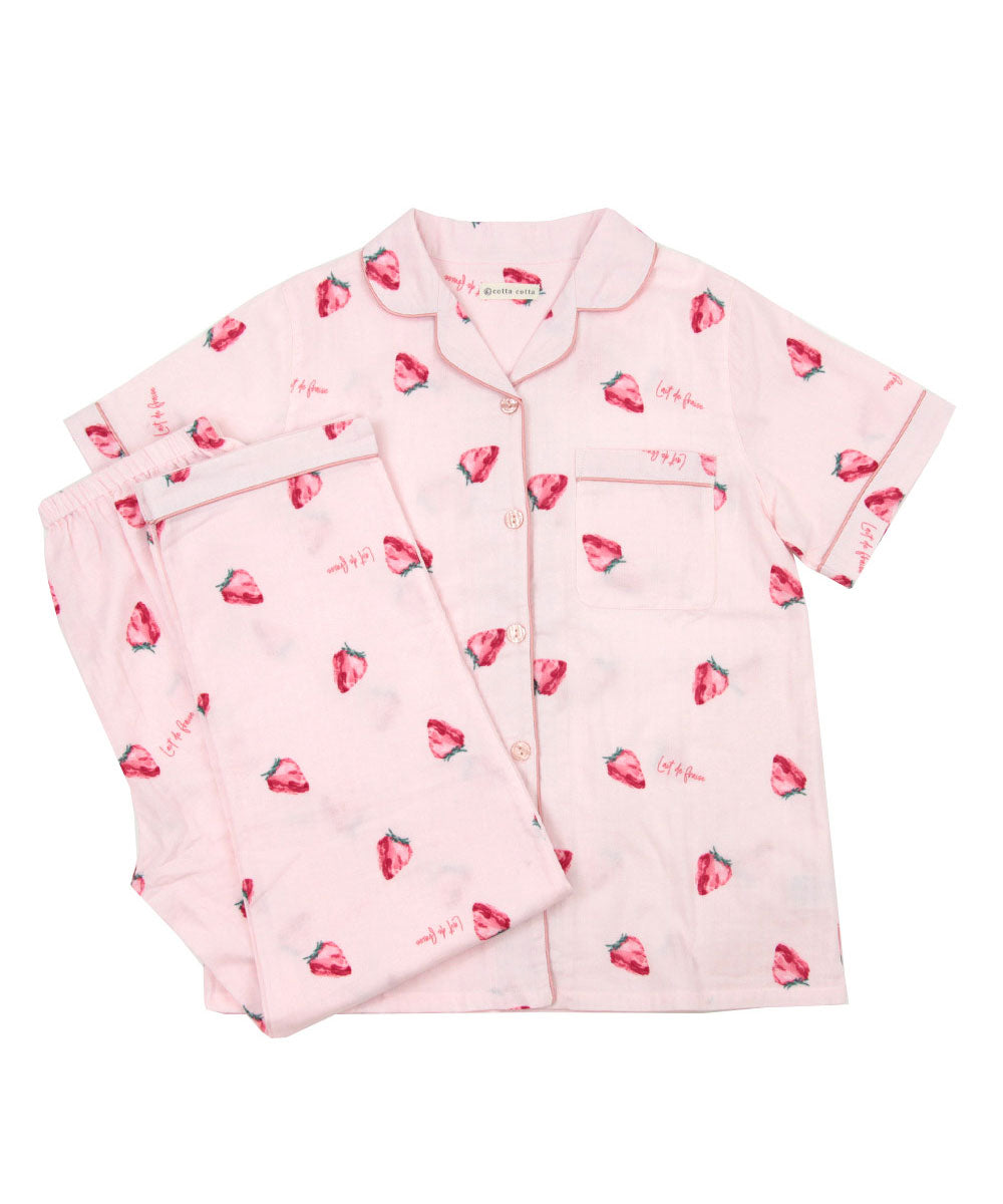 レディース パジャマ 半袖 長ズボン 綿 コットン 前開き 夏 M L [綿100%ダブルガーゼ] f00367