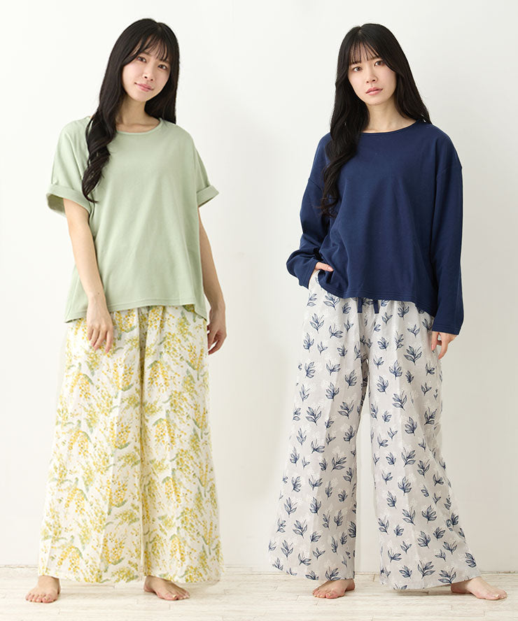 レディース ルームウェア 長袖 半袖 綿100% スムースコットン ダブルガーゼ 綿 コットン ワンマイルウェア ワイドワンツ パジャマ f00467