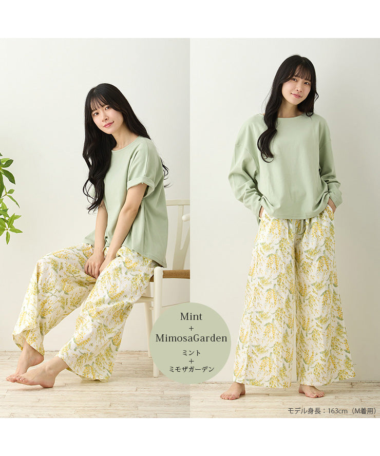 レディース ルームウェア 長袖 半袖 綿100% スムースコットン ダブルガーゼ 綿 コットン ワンマイルウェア ワイドワンツ パジャマ f00467