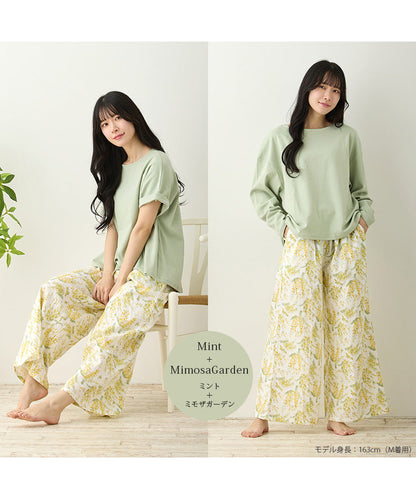 レディース ルームウェア 長袖 半袖 綿100% スムースコットン ダブルガーゼ 綿 コットン ワンマイルウェア ワイドワンツ パジャマ f00467