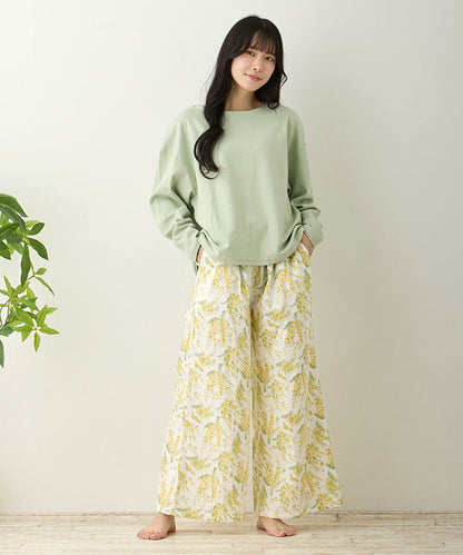 レディース ルームウェア 長袖 半袖 綿100% スムースコットン ダブルガーゼ 綿 コットン ワンマイルウェア ワイドワンツ パジャマ f00467