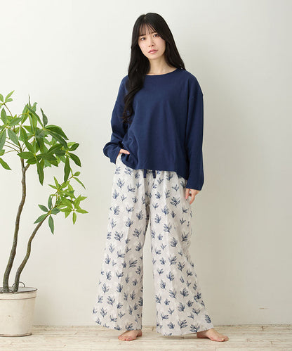 レディース ルームウェア 長袖 半袖 綿100% スムースコットン ダブルガーゼ 綿 コットン ワンマイルウェア ワイドワンツ パジャマ f00467