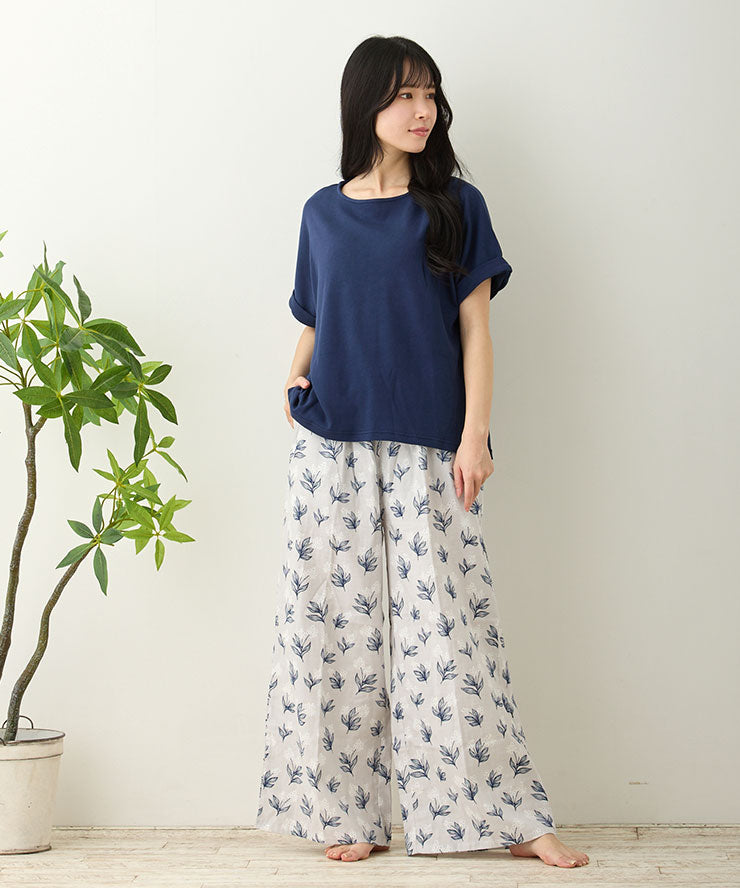 レディース ルームウェア 長袖 半袖 綿100% スムースコットン ダブルガーゼ 綿 コットン ワンマイルウェア ワイドワンツ パジャマ f00467