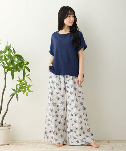 レディース ルームウェア 長袖 半袖 綿100% スムースコットン ダブルガーゼ 綿 コットン ワンマイルウェア ワイドワンツ パジャマ f00467